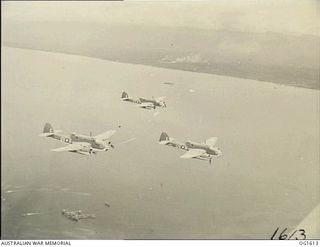 WEWAK AREA, NORTH EAST NEW GUINEA. C. 1944-10. AIRCRAFT OF NO. 8 (BEAUFORT) SQUADRON RAAF, CODE NAME UV-E, UV-S, UV-W, WING THEIR WAY HOME AFTER DROPPING BOMBS ON AN ENEMY TARGET NEAR WEWAK