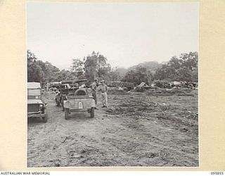 BORAM, WEWAK AREA, NEW GUINEA. 1945-08-31. GENERAL VIEW OF THE GUN PARK, 2/3 FIELD REGIMENT, ROYAL AUSTRALIAN ARTILLERY