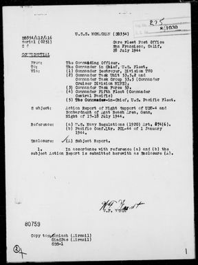 USS MONAGHAN - Report of Night Support of UDT-4 and Bombardment of Agat Beach Area, Guam Island, Marianas – Night of 7/17-18/44