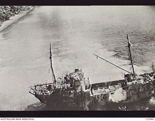 MANOKWARI, NEW GUINEA. 1944-04. JAPANESE SHIP UNDER ATTACK BY RAAF BOSTON BOMBER AIRCRAFT