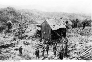 Sattelberg, New Guinea. 1943-11-24. On top of Sattelberg after its capture the Australian flag flies. The house was a ranging mark for aircraft and artillery which battered Japanese positions