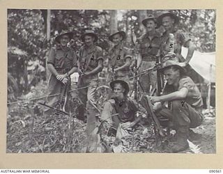 WONGINARA MISSION, NEW GUINEA. 1945-04-07. 2/3 INFANTRY BATTALION PERSONNEL WHO ARE ACTIVE IN THE TORRICELLI MOUNTAINS, INLAND FROM DAGUA. IDENTIFIED PERSONNEL ARE:- SERGEANT A.C. MATTHEWS (1); ..