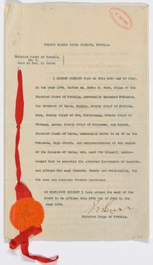 Instrument of Cession of the Islands of Manua to the United States Government, in Samoan and English, With Certification by E. W. Gurr