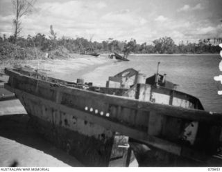 Sanananda, New Guinea. 1943-05. A number of wrecked beached Japanese landing barges remaining from an attempted invasion