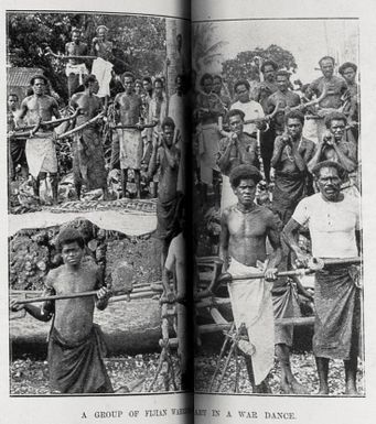 A group of Fijian warriors in a war dance