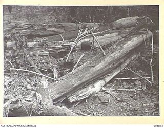 TOROKINA AREA, BOUGAINVILLE. 1945-08-12. A BUNKER AT THE CONCLUSION OF A SHOOT DURING TRIALS ON THE M24 GENERAL CHAFFEE LIGHT TANK CONDUCTED FOR THE WAR OFFICE