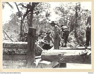 ANAMO AREA, NEW GUINEA. 1944-11-24. CORPORAL T. LAW (5), AND LIEUTENANT H.J. POINER (1), WITH OTHER MEMBERS OF THE 2/4 INFANTRY BATTALION, THE 2/2 FIELD COMPANY, AND A PIONEER PLATOON FROM THE 2/4 ..
