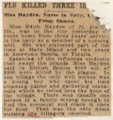 Flu killed three in[...]Miss Hayden, navy in navy, [...] from Samoa. State history. World War. Army. Health conditions. 1919-10-03