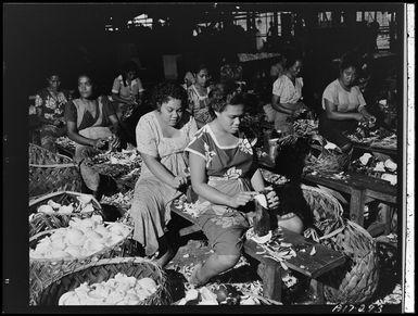Workers at a coconut plantation, Samoa