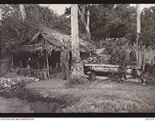 GARARA, NEW GUINEA. 1943-09-29. QX47966 CORPORAL M. R. P. WEISKE OF THE 19TH BATTALION IN FRONT OF NO. 3 OBSERVATION POST