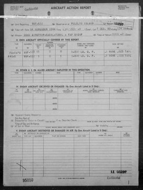 VMF-122 - ACA Form Rep #27 - Rep of Bombing & Strafing Yap Is, Carolines, 11/14/44