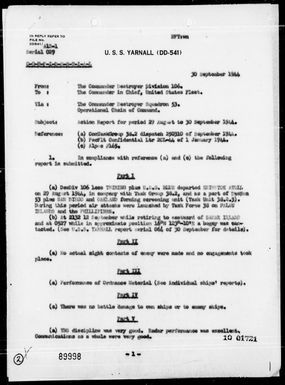 COMDESDIV 106 - Rep of Ops as Screen for TF-38 During Air Strikes Against the Palau & Philippine Is, 8/29/44 - 9/30/44