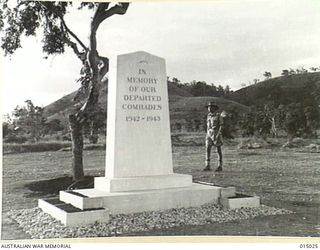 1943-06-15. NEW GUINEA. PORT MORESBY CEMETERY. THE AMERICAN MEMORIAL BEARS THE INSCRIPTION:- "IN MEMORY OF OUR DEPARTED COMRADES 1942 - 43". (NEGATIVE BY N. BROWN)