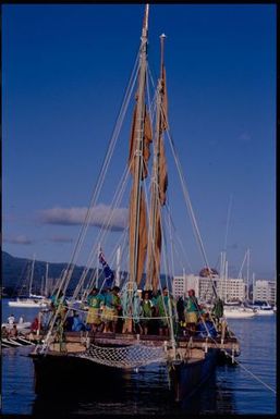 South Pacific Festival of the Arts, Apia, 1996. Oceangoing vaka in Apia harbour