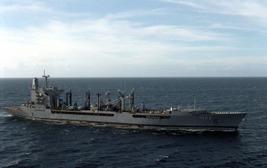 Starboard bow view of the Cimarron class fleet oiler USS CIMARRON (AO-177) as she returns to Hawaii at the end of exercise RIMPAC '98