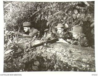 Wau-Mubo area. A patrol in a forward area along the Mubo track. SX16303 Private (Pte) Jack Stevens, 2/9th Area Regiment, of Murray Bridge, SA; SX13340 Pte Edward Lishmund, 2/6th Battalion, of North ..