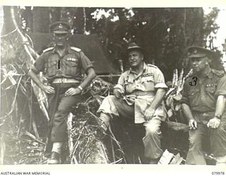 TOKO, BOUGAINVILLE, SOLOMON ISLAND. 1945-03-26. VX1 GENERAL SIR THOMAS BLAMEY, GBE, KCB, CMG, DSO, ED, COMMANDER- IN- CHIEF, ALLIED LAND FORCES, SOUTH WEST PACIFIC AREA (2) WITH VX38969 MAJOR- ..