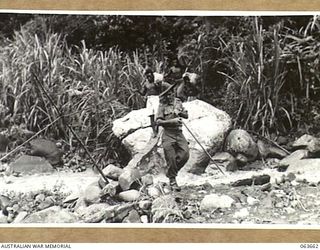 FARIA RIVER, NEW GUINEA. 1944-01-11. QX17602 PRIVATE GRAHAM, AN ESCORT FROM B COMPANY AND NATIVE CARRIERS APPROACHING A CROSSING ON THE FARIA RIVER ON THEIR WAY TO THE FRONT LINE WITH SUPPLIES FOR ..