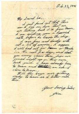 [Letter by James Sutherlin to his sister - 02/13/1945]