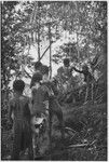 Mortuary ritual: women, their faces and bodies smeared with clay as sign or mourning, carry corpse wrapped for burial