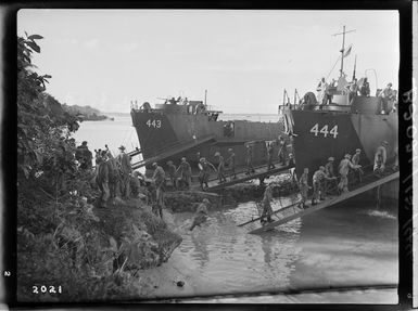 Landing craft and World War II troops arriving at Nissan Island, Papua New Guinea