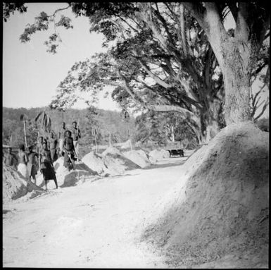 Group of men with shovels standing on piles of debris cleared from a road with a truck in the background, Rabaul, New Guinea, 1937 / Sarah Chinnery