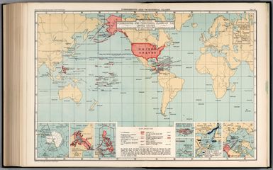 Plate 166. Possessions and Territorial Claims. The World Showing Possessions and Territorial Claims of the United States, Also Certain Military Operations and Grounds Formerly Frequented (ca. 1815 - 1860) by American Whalers. The Antarctic. Canal Zone. Philippine Is. Porto (Puerto) Rico and Virgin Islands. American Samoa. The North Atlantic Fisheries Controversy, 1818 - 1912. The Arctic.