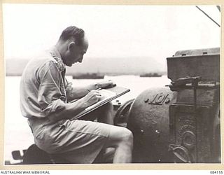 TOROKINA AREA, BOUGAINVILLE, SOLOMON ISLANDS. 1944-12-06. CAPTAIN FRANK NORTON, OFFICIAL WAR ARTIST, MILITARY HISTORY SECTION, AT WORK ABOARD HMAS WESTRALIA IN EMPRESS AUGUSTA BAY OFF CAPE TOROKINA