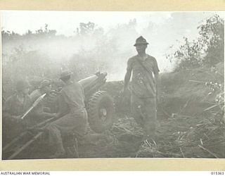 1943-07-31. ALLIED CAPTURE OF MUBO. AMERICAN ARTILLERY SHELLING JAPANESE POSITIONS NEAR MUBO. THE GUNS HAD TO BE MANHANDLED BY NATIVES AND ALLIED SOLDIERS OVER VERY ROUGH JUNGLE COUNTRY. THESE GUNS ..