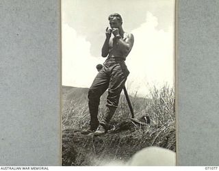 EVAPIA RIVER, NEW GUINEA. 1944-03-15. WX36756 SAPPER A.J. WILLIAMS OF NO. 2 PLATOON, 2/4TH FIELD COMPANY, ROLLING A CIGARETTE DURING A SPELL FROM ROAD BUILDING