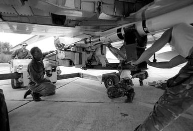 LCPL Tony Kennedy, left, from Marine Fighter Attack Squadron 235 (VMFA-235) helps load an AIM-7 Sparrow III missile aboard an F-4 Phantom II aircraft