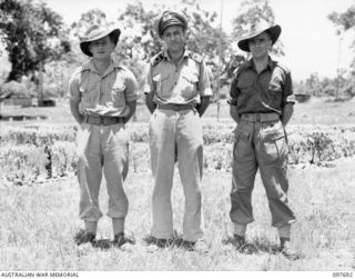 NADZAB, NEW GUINEA. 1945-10-05. ABLE SEAMAN H.J. BAXTER, ROYAL AUSTRALIAN NAVAL RESERVE (1), LIEUTENANT (SP) K.H. MCCOLL, RANR (2); AND CORPORAL G.R. KOTZ AIF (3), MEMBERS OF M SPECIAL UNIT ..