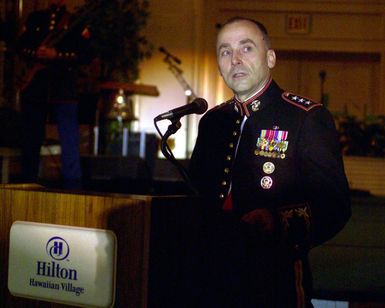 US Marine Corps (USMC) Lieutenant General (LGEN) Wallace Gregson gives a birthday message to fellow officers, at the USMC Officer Ball, celebrating the 228th anniversary of the founding of the Marine Corps