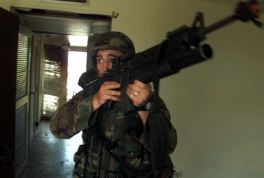 Armed with M16A2 service rifles, Marines from 31st Marine Expeditionary Unit (MEU), 2nd Battalion, 4th Marines, Fox Company, 3rd Platoon conduct Military Operations in Urban Terrain (MOUT) at an abandoned housing unit on Anderson Air Force Base (AFB), Guam in support of Exercise TANDEM THRUST 2003