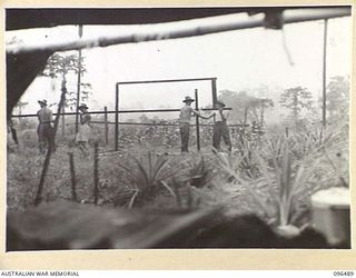 RABAUL, NEW BRITAIN, 1945-09-12. MEMBERS OF 4 INFANTRY BRIGADE WORK IN HEAVY RAIN TO ERECT TENTAGE FOR THE VISITORS AND OBSERVERS CAMP FOLLOWING OCCUPATION OF THE AREA BY THE BRIGADE AFTER THE ..