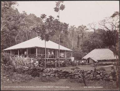 People gathered at the ladies mission house and chapel at Lamalana, Raga, New Hebrides, 1906 / J.W. Beattie