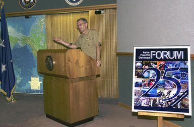 US Navy (USN) Admiral (ADM) Dennis C. Blair, Commander-in-CHIEF, US Pacific Command (USCINCPAC) during his remarks at a ceremony recognizing the 25th anniversary of the "Asia-Pacific Defense FORUM" Magazine. Marine Corps Base (MCB) Camp H. M. Smith, Hawaii