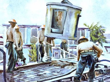 Artwork: "Pouring the Roof, Guam" Artist: Louis J. Kaep, #19. Courtesy U.S. Navy Combat Art Center