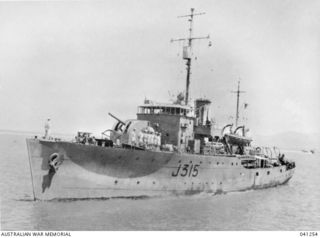 At Sea. c. 1944. Australian corvette HMAS Wagga which operated around islands north of New Guinea