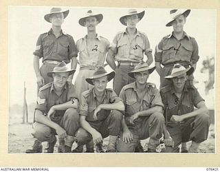 LAE, NEW GUINEA. 1944-10-03. NON COMMISSIONED OFFICERS OF THE 12TH FIELD COMPANY. IDENTIFIED PERSONNEL ARE:- TX11503 STAFF SERGEANT R.R. BURRIDGE (1); TX13093 SERGEANT F.R. HUTCHISON (2); TX10964 ..