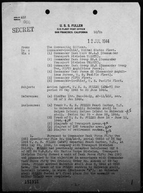 USS FULLER - Report of operations in the invasion of Saipan Island, Marianas, 6/15-24/44