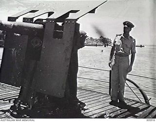 ORO BAY, NEW GUINEA. 1943. LIEUTENANT COMMANDER R. A. DENOVAN, RANVR, COMMANDING OFFICER OF THE CORVETTE HMAS BROOME, ABOARD THE WRECK OF THE DUTCH TRANSPORT SS BANTAM, SUNK IN A JAPANESE AIR RAID ..
