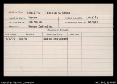 Tangitau, Tisiola O.Samoa