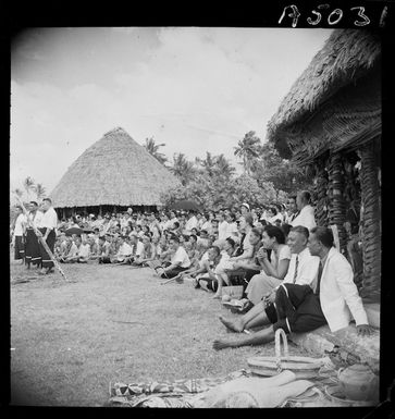 Welcome ceremony for members of the United Nations Mission, Tuasivi, Savai'i, Western Samoa - Photograph taken by E S Andrews