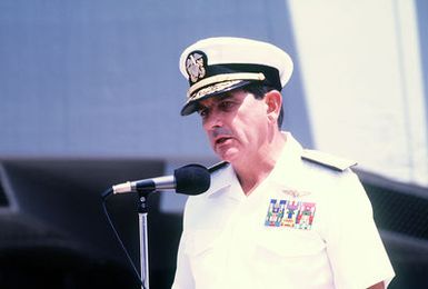 Vice Adm. Diego E. Hernandez, commander, 3rd Fleet, U.S. Pacific Fleet, speaks from the battleship USS MISSOURI (BB-63) during a ceremony remembering the colony of Hansen's disease victims on Molokai, Hawaii. The ceremony was a reenactment of an event that took place when the Great White Fleet sailed around the world in 1907-1909. The MISSOURI is beginning a cruise to Australia and around the world