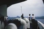 This photo depicts a research vessel of the Scripps Institution of Oceanography approaching Viti Levu, Fiji during the Capricorn Expedition (1952-1953) 1953