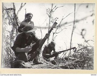 ULUNKOHOITU, YAMIL AREA, NEW GUINEA, 1945-07-18. A LINE OF RIFLEMEN FROM 8 PLATOON, A COMPANY, 2/6 INFANTRY BATTALION, SENDING OVER GRENADES TO THE JAPANESE POSITIONS 200 YARDS UP THE RIDGE. THE ..