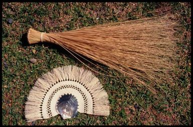 Coconut spine (leaf) broom, mother of pearl shell and coconut fan, Rarotonga, Cook Islands