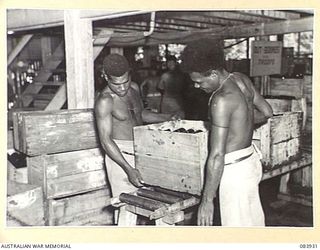 LAE, NEW GUINEA. 1944-12-12. NATIVES SUPPLIED BY ANGAU LIFT A CRATE OF FILLED BOTTLES FROM A CONVEYOR BELT DURING MANUFACTURE AT ARMY CANTEENS SERVICE SOFT DRINK FACTORY WITHIN LAE BASE SUB-AREA