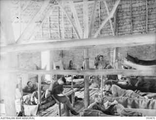 SOGERI VALLEY, NEW GUINEA. 1943-06-25. MAIN WARD OF THE MAIN DRESSING STATION OF THE 11TH AUSTRALIAN FIELD AMBULANCE, SHOWING PATIENTS FROM 25TH BATTALION, 61ST BATTALION, DIVISION HQ AND SIGNAL ..